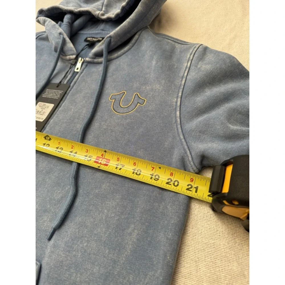 True Religion Hoodie Mens Medium Blue Washed Zip Sweatshirt Buddha Graphic